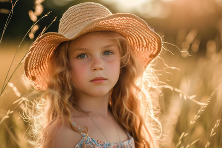Young girl with a straw hat in a golden hour field, exuding calmness and graceの素材