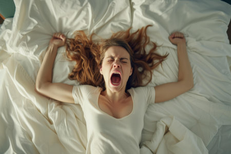 Beautiful woman screaming in bed. Sleep young. Generate Aiの素材