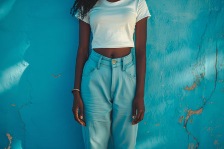Cropped shot of a trendy woman in a white tee and blue pants standing by a textured blue backgroundの素材