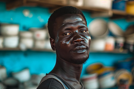 Close-up of a young mans face with striking eyes in a work environmentの素材