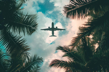 Picturesque Airplane over tropical palm. Summer paradise. Generate Aiの素材