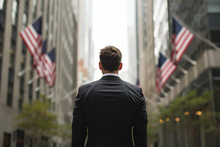 Pensive man in a suit stands amidst city buildings with american flagsの素材