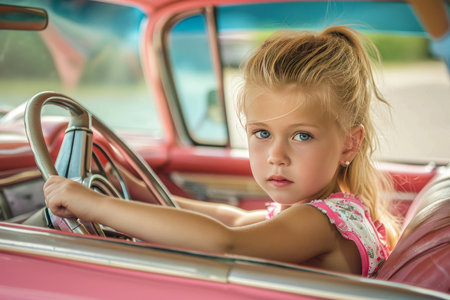 Young child with a focused expression pretends to steer an old-fashioned carの素材