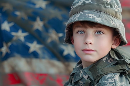 Child in camo gear poses proudly before the stars and stripesの素材