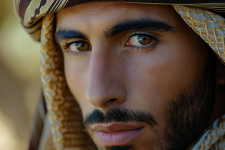 Close-up portrait of a man with a keffiyeh, displaying a captivating lookの素材