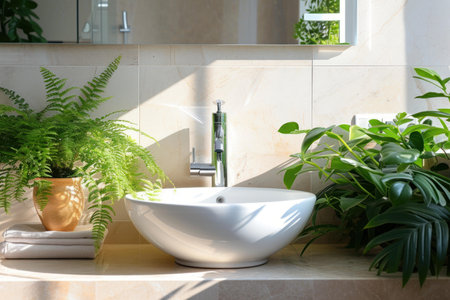 Modern bathroom showcasing a white basin sink surrounded by lush indoor plants in natural lightの素材