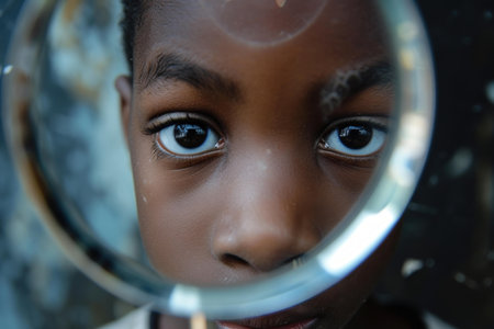 Determined Black boy looking magnifier. Education experiment. Generate Aiの素材