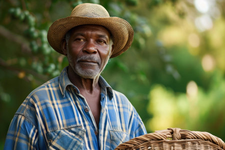 Hardworking Black farmer holding vegetable basket. Natural agriculture with eco harvest products. Generate aiの素材