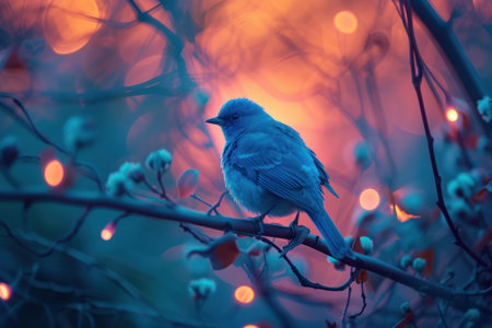 Beautiful bird perched on glowing branches in tranquil twilight nature. Creating serene bokeh with calming hues of blue and orange against a peaceful dusk background. Perfect for outdoor photographyの素材