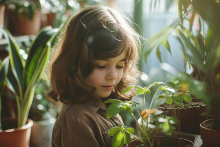 Tranquil scene of a child engaging with nature, surrounded by lush indoor plants in a warm, sunlit environmentの素材