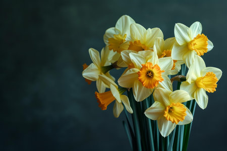Elegant daffodils with vibrant yellow petals and orange corona presented against a moody backdropの素材