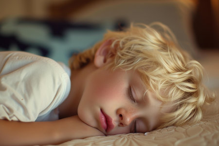 Serene blonde child sleeps soundly in a warm, cozy indoor settingの素材