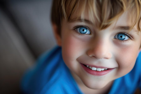 Close-up portrait of a happy child with bright blue eyes and a captivating smileの素材