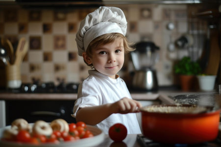 Adorable child in chef hat stirs dish in pot, kitchen backgroundの素材