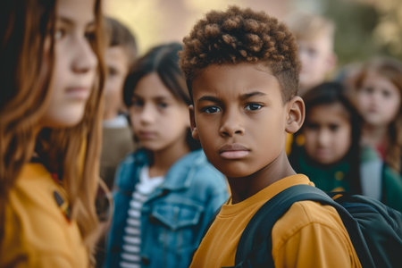Focused boy stands out with a solemn look among a group of peers, depicting childhood determinationの素材