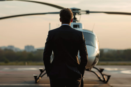Back view of a man in a suit approaching a helicopter during a beautiful sunsetの素材
