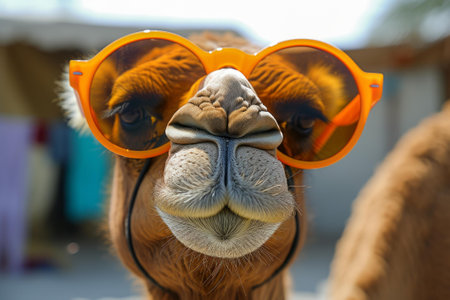 A close-up of a camel donning large, bright orange sunglassesの素材