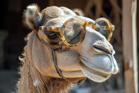 Stylish and quirky camel wearing trendy eyeglasses and making a humorous statement with unexpected charm in the desert. Showcasing its unique personality and individuality as a domesticated animalの素材