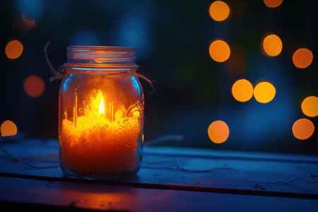 Warm candlelight inside a mason jar creates a tranquil ambiance against a backdrop of soft bokeh lightsの素材