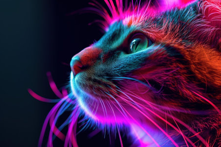 Vibrant and colorful neon glow cat portrait with closeup lighting and intense. Modern. Abstract. Creating a futuristic and nocturnal atmosphereの素材