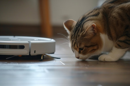 Domestic cat closely examining a modern robotic vacuum cleaner on a wooden floorの素材