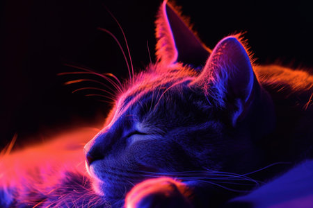 Peaceful cat resting under vibrant neon lighting, exuding tranquilityの素材