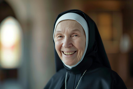 Portrait of a cheerful nun in traditional habit, her face lit up with a warm, genuine smileの素材