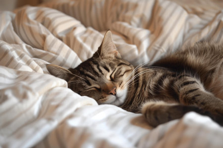 Serene tabby cat dozes off comfortably amid the soft folds of a striped bedspreadの素材