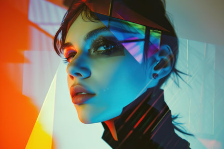 Stylish young womans face illuminated by multicolored neon lights, conveying a futuristic ambianceの素材