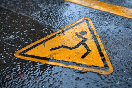 Closeup of a wet caution sign indicating a slippery surface on an asphalt road with raindropsの素材