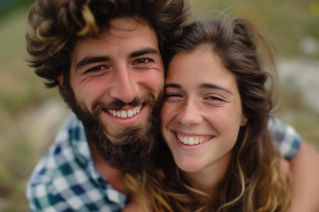 Closeup portrait of a happy smiling couple with natural backgroundの素材