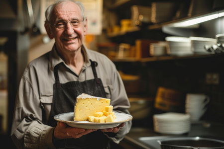 Smiling senior chef holding a plate of cheese in a commercial kitchen settingの素材