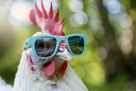 Closeup of a trendy chicken donning teal sunglasses, set against a blurred green backgroundの素材