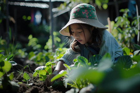 Young girl concentrates on planting in a lush garden, surrounded by greenery under warm sunlightの素材