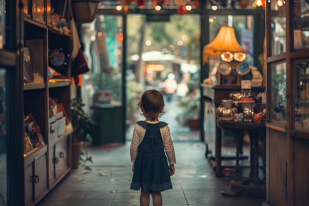 Small child stands amidst the quaint charm of an antique store, evoking nostalgiaの素材