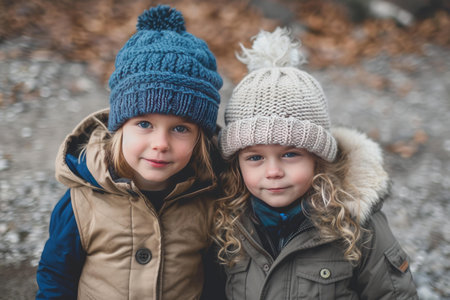 Portrait of two smiling young siblings cozily dressed in winter caps and jackets outdoorsの素材
