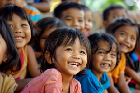 Group of happy kids showing genuine laughter and joy in an outdoor settingの素材