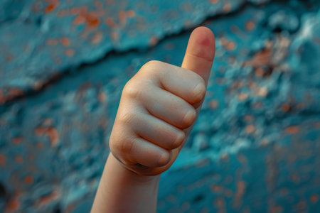 Closeup of a persons hand giving a thumbs up with a vibrant, textured blue backgroundの素材