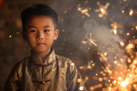 Portrait of a child wearing traditional clothes against a backdrop of warm, glowing sparksの素材