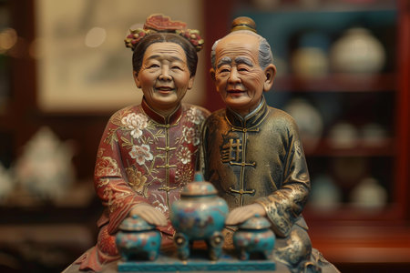 Detailed figurines of an elderly asian couple in traditional attire, conveying cultural heritageの素材