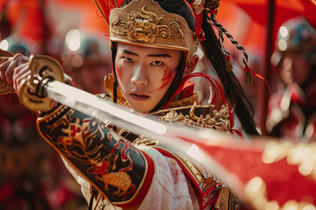 Male actor in elaborate armor portraying a historical warrior at a cultural festivalの素材