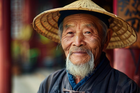 Portrait of an elderly asian man wearing a conical hat with a wise, serene expressionの素材