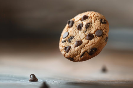 Levitating homemade chocolate chip cookie floating in midair on a wooden surface. Defying gravity in a magic food photography conceptの素材