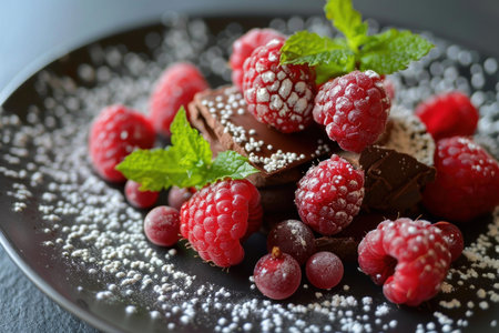 Closeup of ripe raspberries, mint, and chocolate pieces with powdered sugarの素材