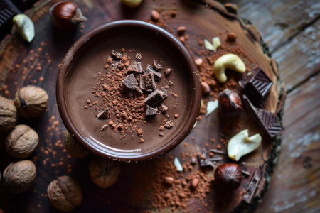 Artisanal chocolate treat surrounded by assorted nuts and cocoa on a rustic wooden surfaceの素材