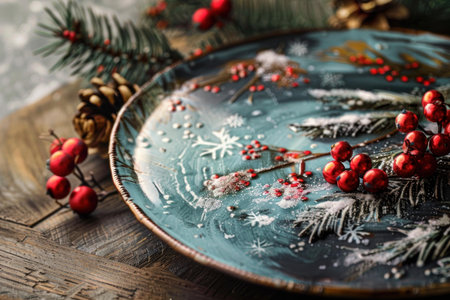 Elegant ceramic plate adorned with seasonal berries, pine, and frost patterns for a holiday table settingの素材