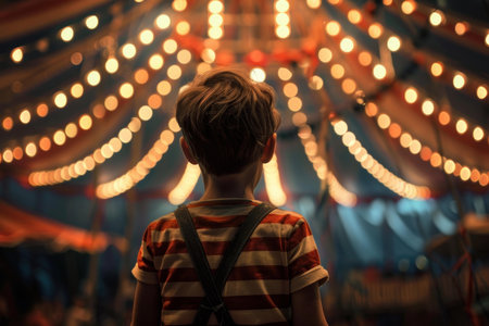Young boy gazes at the illuminated carnival tents, filled with anticipation and wonderの素材