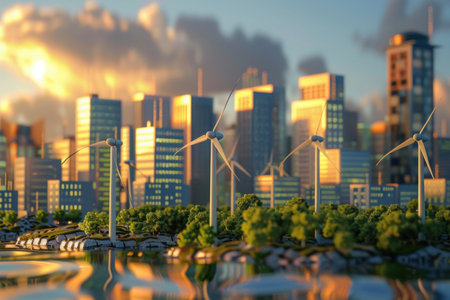 Ecofriendly city skyline illuminated by sunrise with wind turbines along the waterfrontの素材
