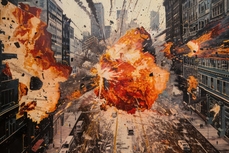 Dramatic artwork depicting a vibrant explosion in the center of a bustling city street sceneの素材