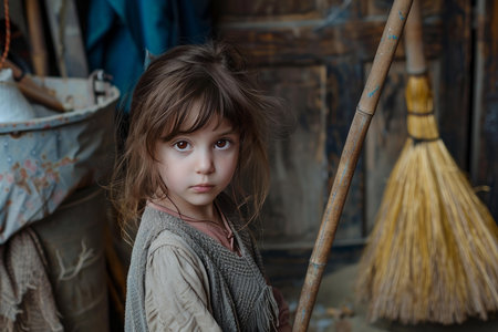 Young girl with expressive eyes standing in a rustic setting with a broom and bamboo backdropの素材